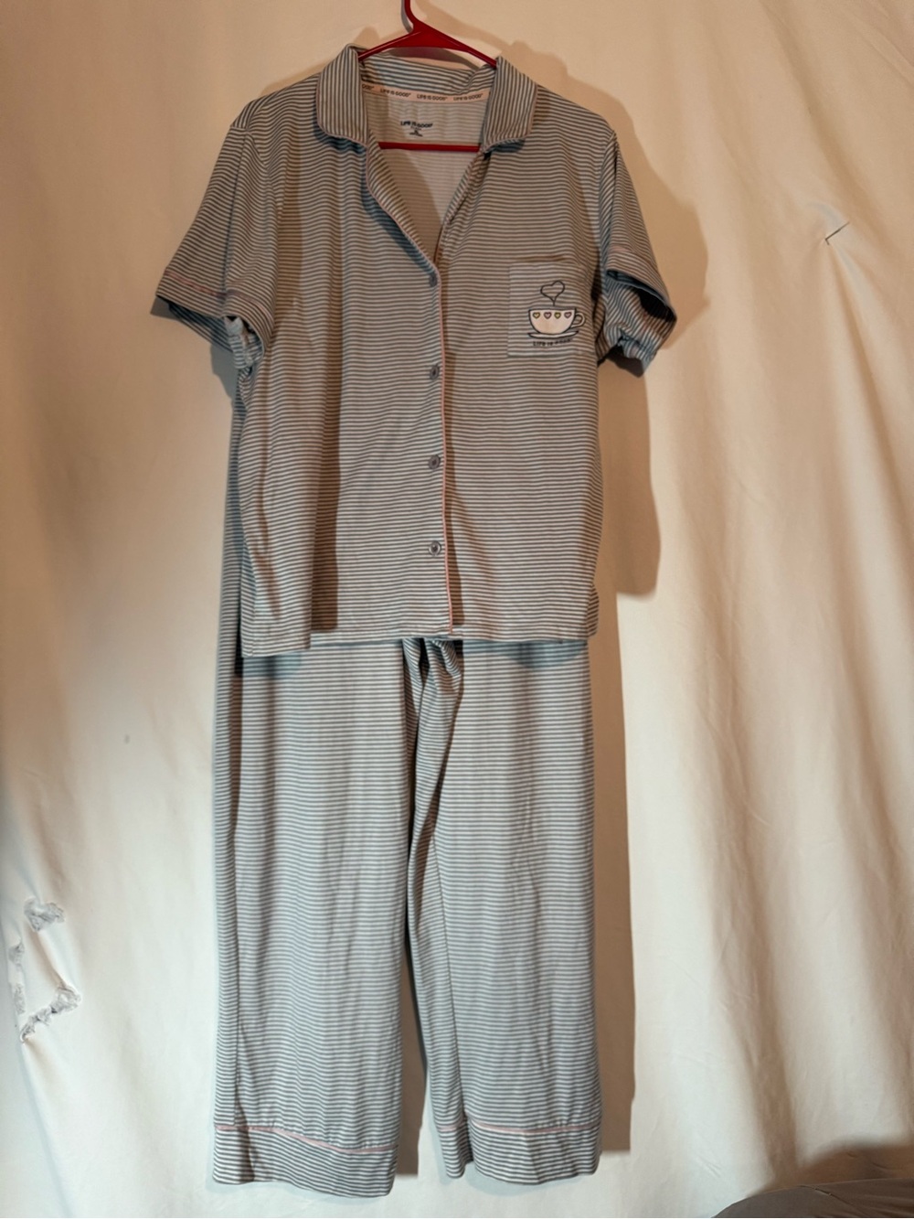 Life is Good Sleep Pajama Set Women’s XL Gray Stripe Coffee Cup 2 Piece PJs